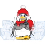 vector-illustration-of-a-cartoon-cold-penguin-mascot-in-a-hat-and-scarf-shivering-and-surrounded-by-blocks-of-ice-by-toons4biz-5172